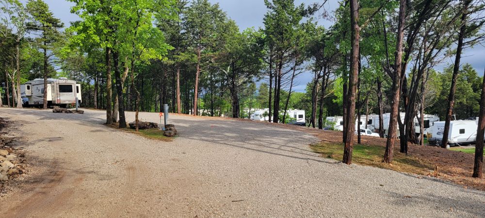 Rows of wide, level gravel RV sites set among shade trees under a dramatic sky.