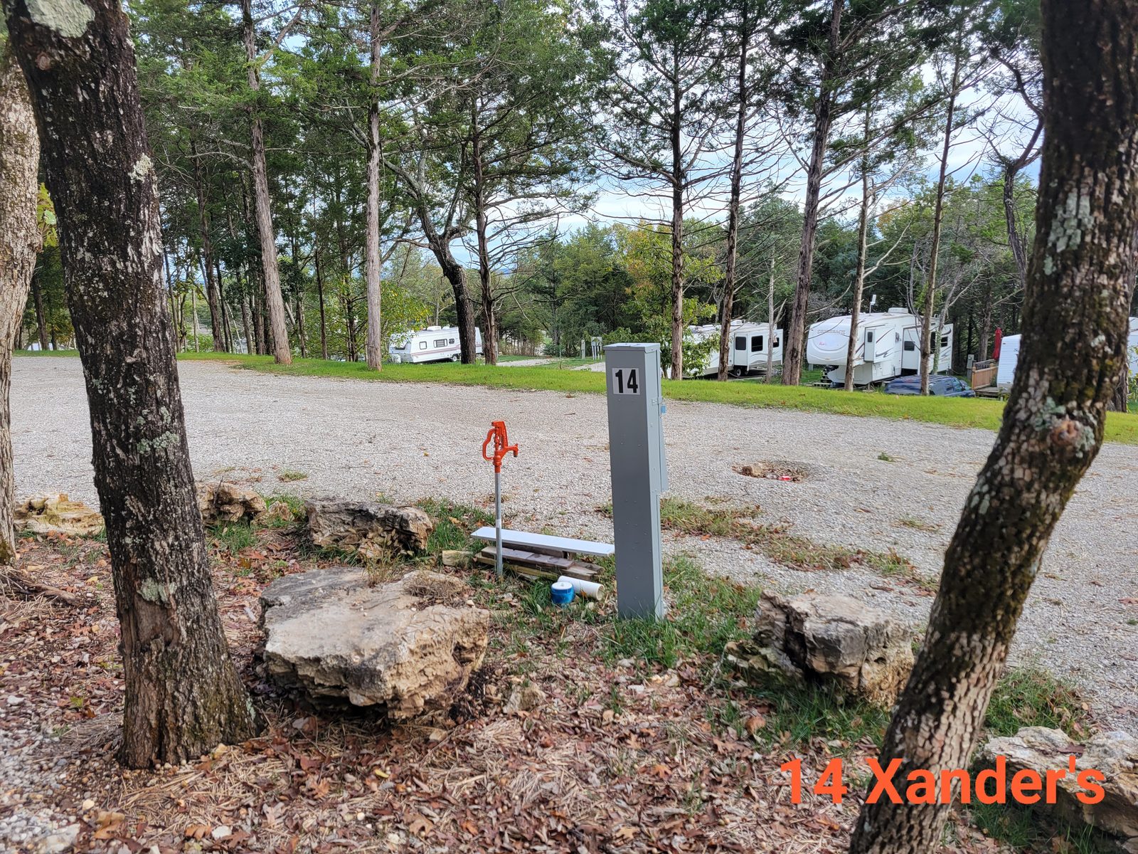 Full-hookup site 14 among the oaks on Xander's Way.